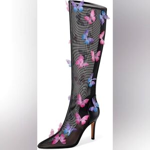 Chic Black Heeled Boots with Colorful Butterfly Accents